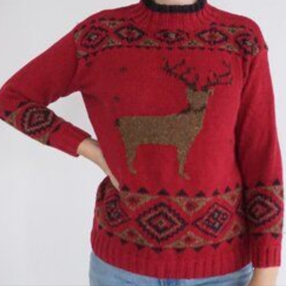 Vintage 90's Eddie Bauer Hand Knitted Reindeer Sweater, Size Small, WPL#9647